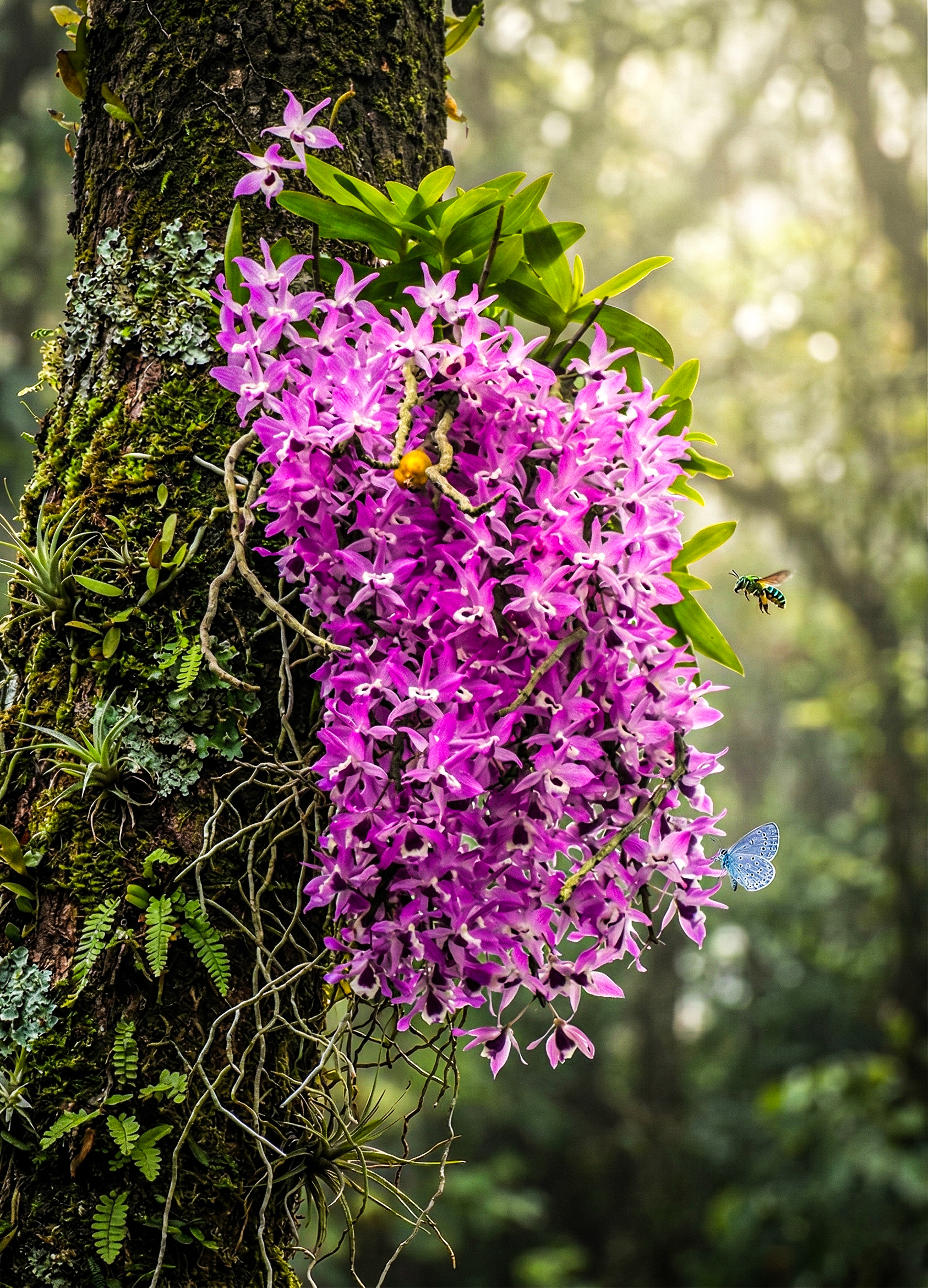 Colorful orchids in a greenhouse environment with lush green foliage